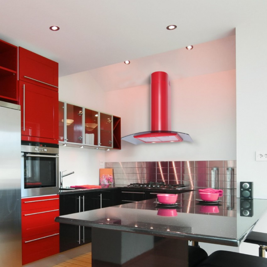 110cm Curved Glass Red Kitchen Hood